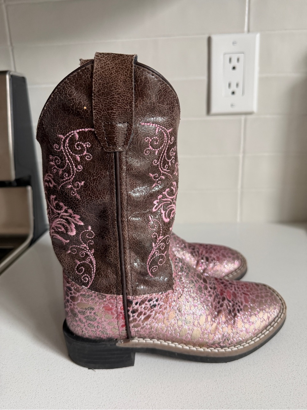Old West Brown and Pink Metallic Kids Western Boots